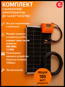 Солнечная батарея 180ВАТТ с контроллером 20А + кабели