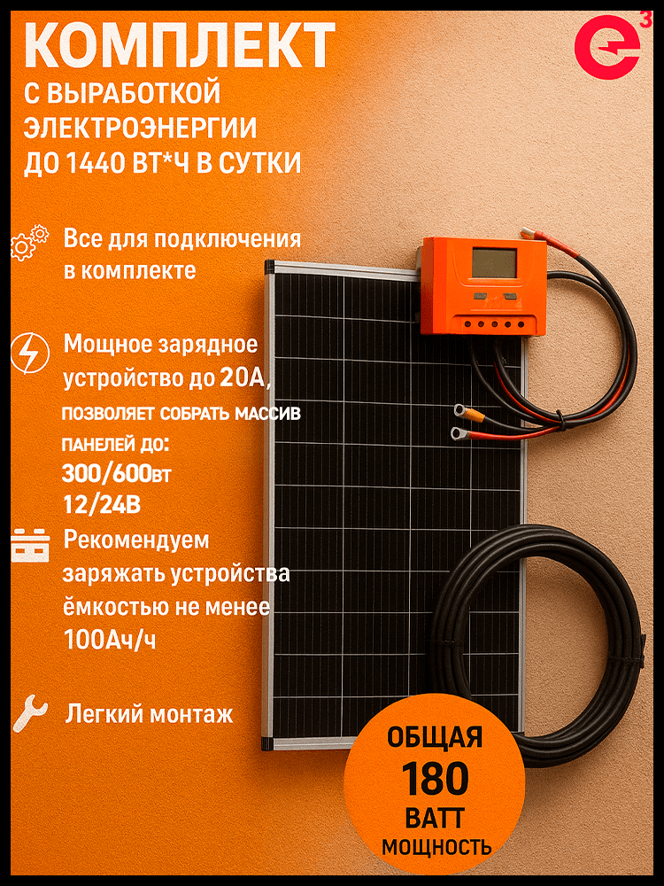 image_compressor_6969e19fa5036 Солнечная батарея 180ВАТТ с контроллером 20А + кабели — изображение 1